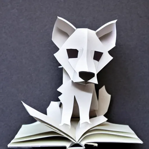 Image similar to cut paper sculpture of a cute husky pup reading a book