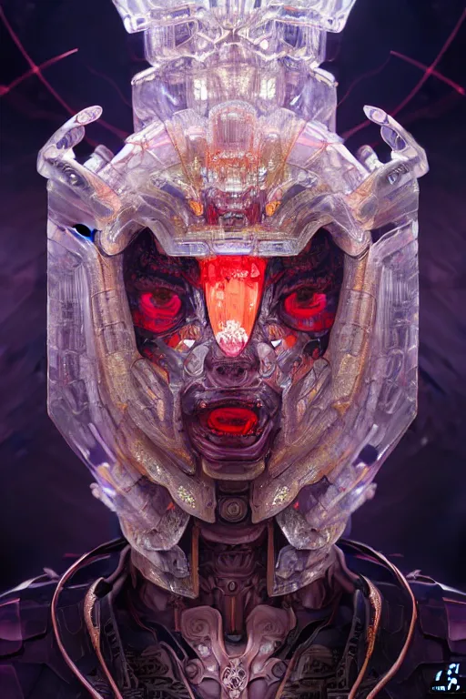 Image similar to asura from chinese myth, ghost, gorgeous and huge head ornaments, dystopian, cyberpunk, organic fractal mycelum and fungi, mecha, halfturn portrait of a big crystal face made of crystals half - turn, ominous, intricate, studio, art by anthony macbain + greg rutkowski + alphonse mucha, concept art, 4 k, sharp focus