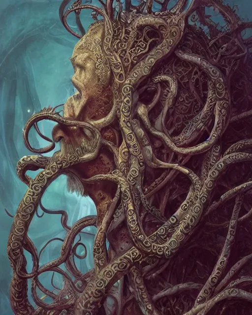 Image similar to centered beautiful detailed side view profile portrait of a insane old man, ornate tentacles growing around, ornamentation, thorns, vines, tentacles, elegant, beautifully soft lit, full frame, by wayne barlowe, peter mohrbacher, kelly mckernan, h r giger