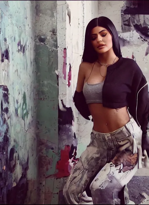 Image similar to film still portrait of kylie Jenner doing a graffiti mural, derelict house, cinematic lighting, cinematic, close rear pov,