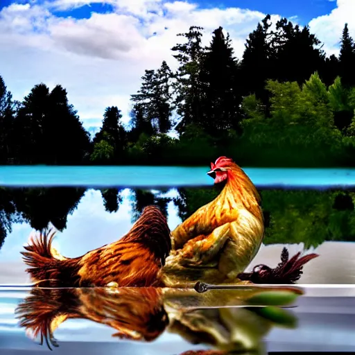 chicken next two a lake with a forest in the back | Stable Diffusion ...