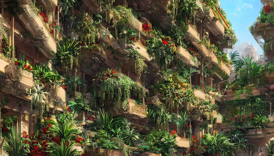 Image similar to hanging gardens of babylon, flowers, palms, arabic city, artstation