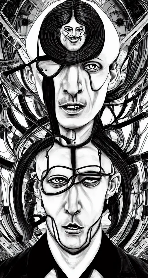 Image similar to A portrait photo of a latino mad scientist male with cyborg face looking at the camera with a queasy smile!!!!, in a mixed style of Botticelli and Æon Flux!!, inspired by pre-raphaelite paintings, and cyberpunk!!!, stunningly detailed, stunning inking lines, flat colors, 4K photorealistic, profile picture