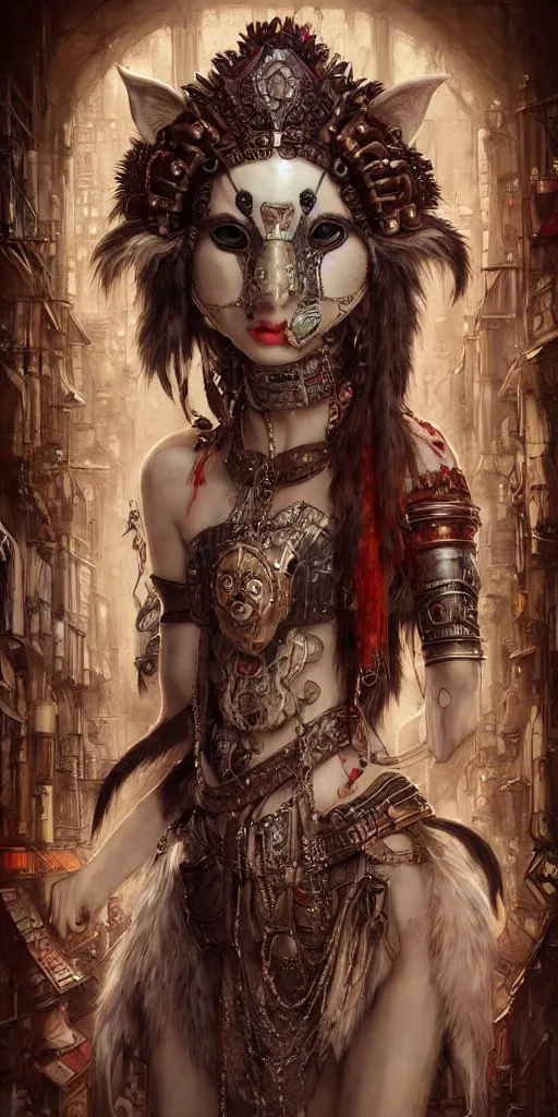 Image similar to hyper realistic Princess Mononoke, ornate mask, wet market street, cyberpunk metropolis, city landscape, jewels, full body pose, wolves, style of tom bagshaw, mucha, james gurney, norman rockwell, denoised, sharp