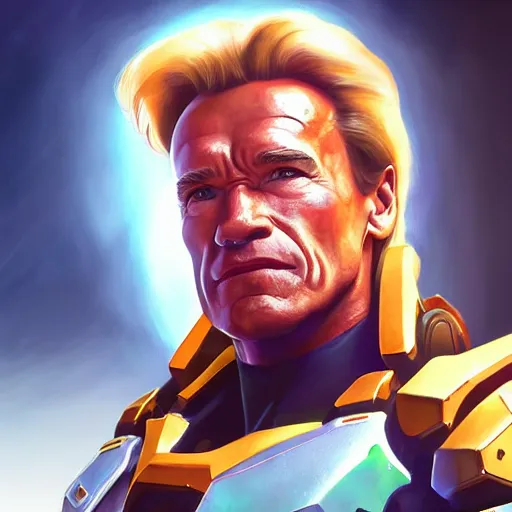 Image similar to a screenshot of arnold schwarzenegger as mercy in overwatch, angel wings, halo, portrait, fantasy, beautiful face, vivid colors, elegant, concept art, sharp focus, digital art, hyper - realistic, 4 k, unreal engine, highly detailed, hd, dramatic lighting by brom, trending on artstation