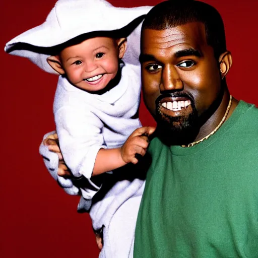 Image similar to kanye west smiling and holding holding yoda for a 1 9 9 0 s sitcom tv show, studio photograph, portrait