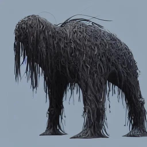 Prompt: a creature with long wet droopy fur , concept art, trending on artstation 3D.