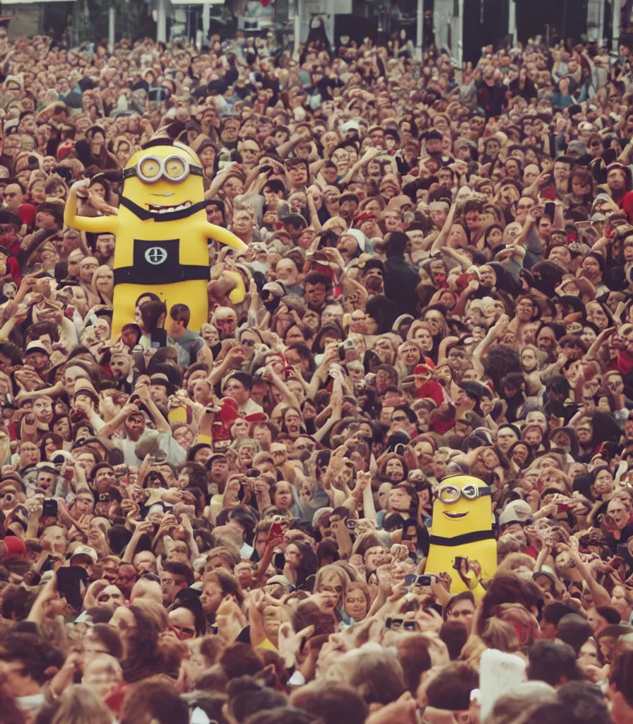 Image similar to one minion surrounded by an angry crowd of humans. the minion is bleeding red blood. a large wooden cross is in the background. kodak gold 2 0 0,