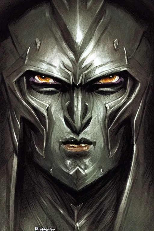 Prompt: head and shoulders portrait of an eldrich knight, drow, dark elf, shadar kai, armored, magical, male, high fantasy, d & d, by frank frazetta, face details, extremely detailed, digital illustration