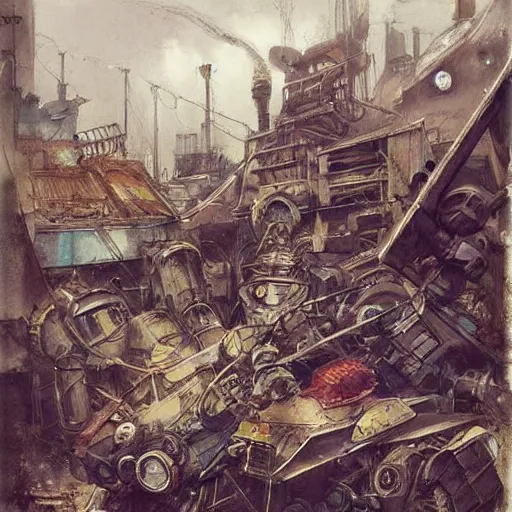 Image similar to cluttered science fiction robot wrecking yard. muted colors. by Jean-Baptiste Monge !!!!!!!!!!!!!!!!!