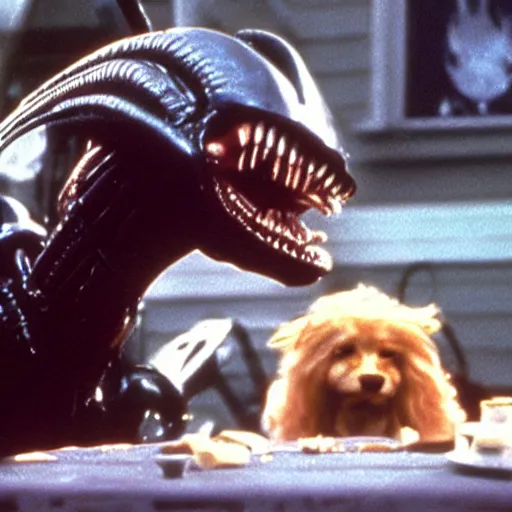 Prompt: a xenomorph from the movie alien eating a small dog in a suburban backyard. Production photograph from 90s film.