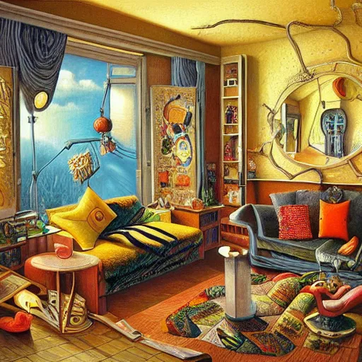 Prompt: a painting of a living room, a surrealist painting by jacek yerka, cgsociety, fantastic realism, maximalist, surrealist, detailed painting