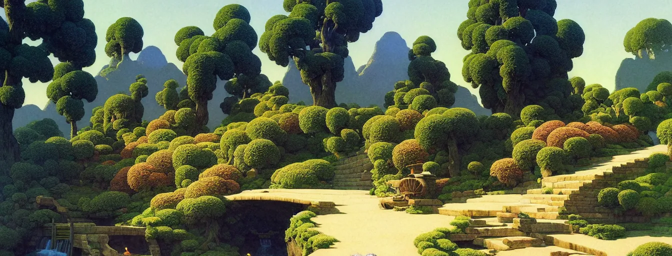 Image similar to a gorgeous landscape painting by barlowe wayne maxfield parrish and marco mazzoni. early spring morning. bench terrace. close - up shot on hyper detailed trees has just sprouted!! tyndall effec, light effect. chinese village. china waterwheel. the winding steps, waterfall from the mountain. ultra clear detailed. highly detailed, 3 d, octane render.