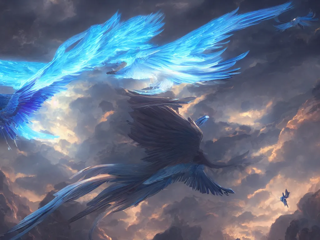 Image similar to a blue phoenix flying over McDonalds, digital painting, trending on artstation, deviantart, 8k, epic composition, intrinsic details, perfect coherence