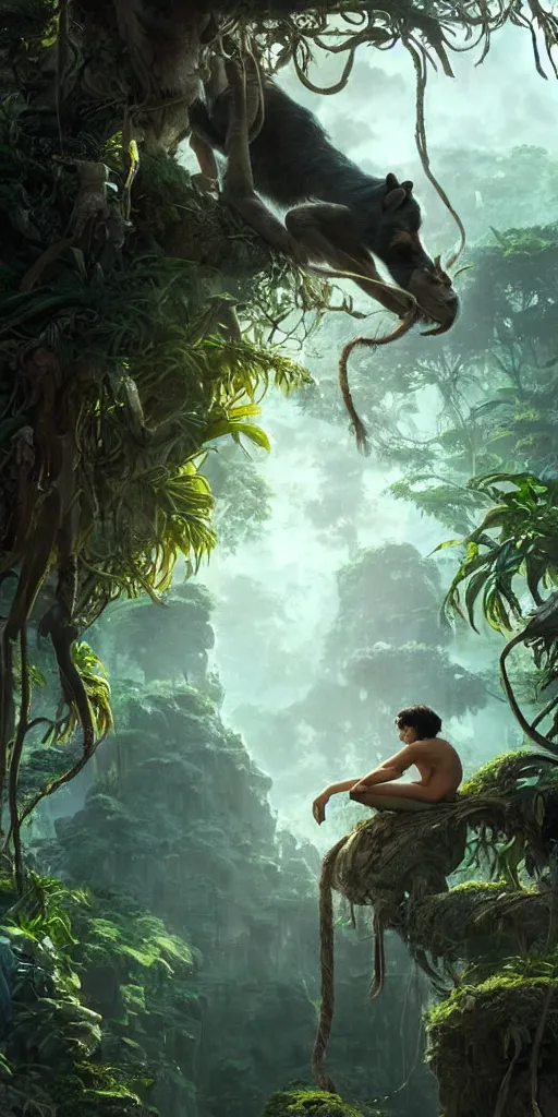 Image similar to still from the jungle book if made by krenz cushart and wenjun lin, portrait, illustration, rim light, top light, summer clear blue sky, perfectly shaded, soft painting, epic, intricate, art