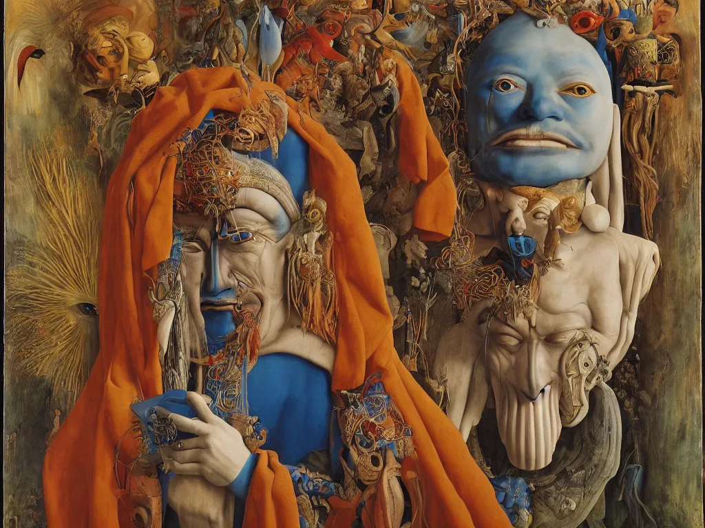 Image similar to portrait of albino mystic with blue eyes, with beautiful exotic, archaic, prehistoric, Balinese mask, sculpture. Painting by Jan van Eyck, Audubon, Rene Magritte, Agnes Pelton, Max Ernst, Walton Ford