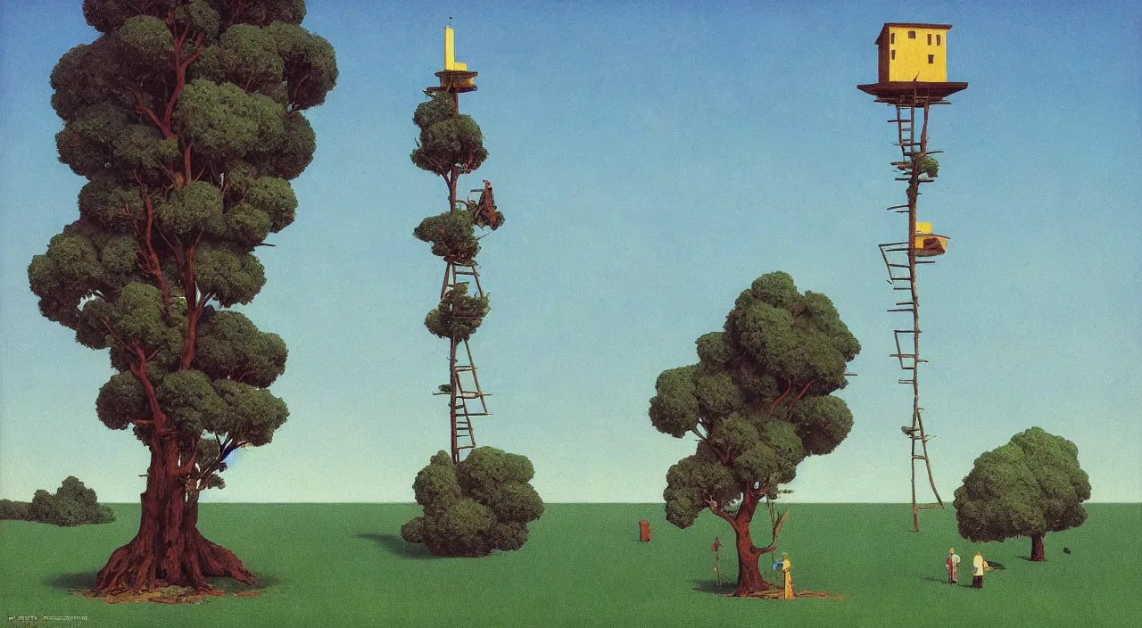 Prompt: single flooded simple wooden square tree tower!, very coherent and colorful high contrast!! masterpiece by rene magritte simon stalenhag carl spitzweg syd mead norman rockwell edward hopper james gilleard, minimalist, dark shadows, sunny day, hard lighting