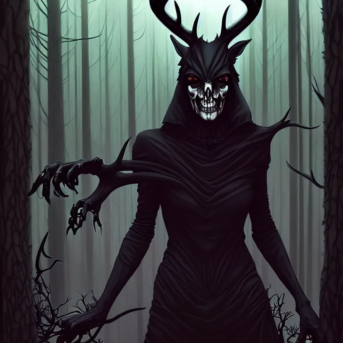 Prompt: style artgerm, joshua middleton, diego fazio, gerald brom, scary wendigo with antlers and skull face mixed with werewolf, beautiful witch wearing a black dress on the right side, in the forest, detailed, dark and foggy, cinematic lighting