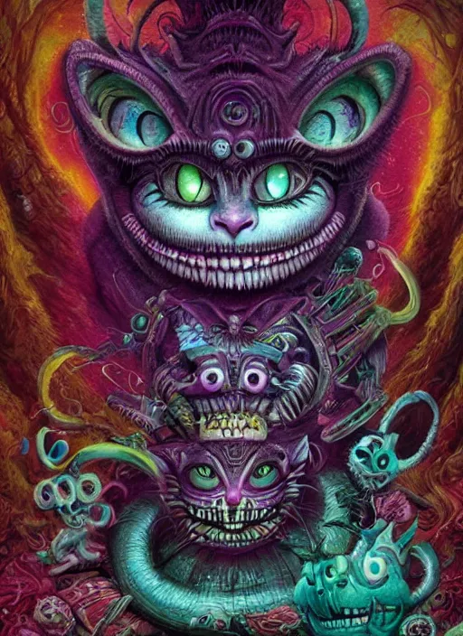 Image similar to cheshire cat, aztec god, alien, highly detailed, cinematic, 8 k, by megan duncanson, benjamin lacombe, adrian borda, stanley artgermm, tom bagshaw, craig mullins, carne griffiths, ayami kojima, beksinski, giger, trending on deviantart, hyper detailed, horror, full of colour