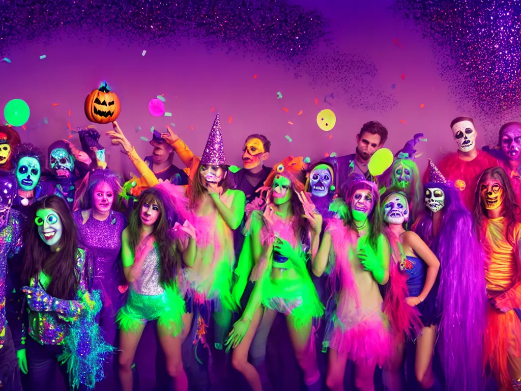 Image similar to Halloween Costume Living room Party , Confetti Streamers Glitter Blacklight UV Fantasy Hyper detailed digital matte painting, concept art, hyperrealism, Cinema 4D, 8k resolution, 64 megapixels, coherent, bokeh, CGSociety, ZBrush Central, behance HD, hypermaximalist, a masterpiece, 4K.