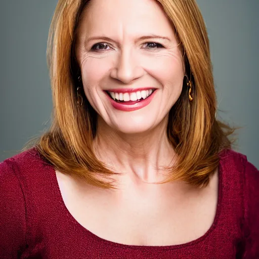 Prompt: professional headshot of an elegant female actress in her 4 0 s smiling widely at the camera. she has long vampire fangs, and thick blood dripping down her chin. high resolution, nikon camera 8 k