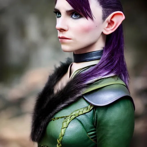 Image similar to anya charlota as a medieval fantasy tolkien elf, dark purplish hair tucked behind ears, wearing leather with a fur lined collar, wide, muscular build, scar across the nose, one black, scaled arm, cinematic, character art, real life, 8 k, detailed.