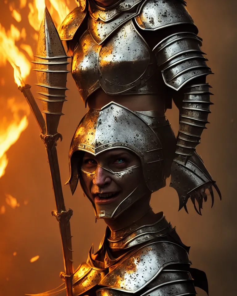 Image similar to epic portrait of female orc in plate armour and crown of fire by cleavanger and elvgren epic awesome gorgeous symmetrical perfect octane vfx maya render realistic