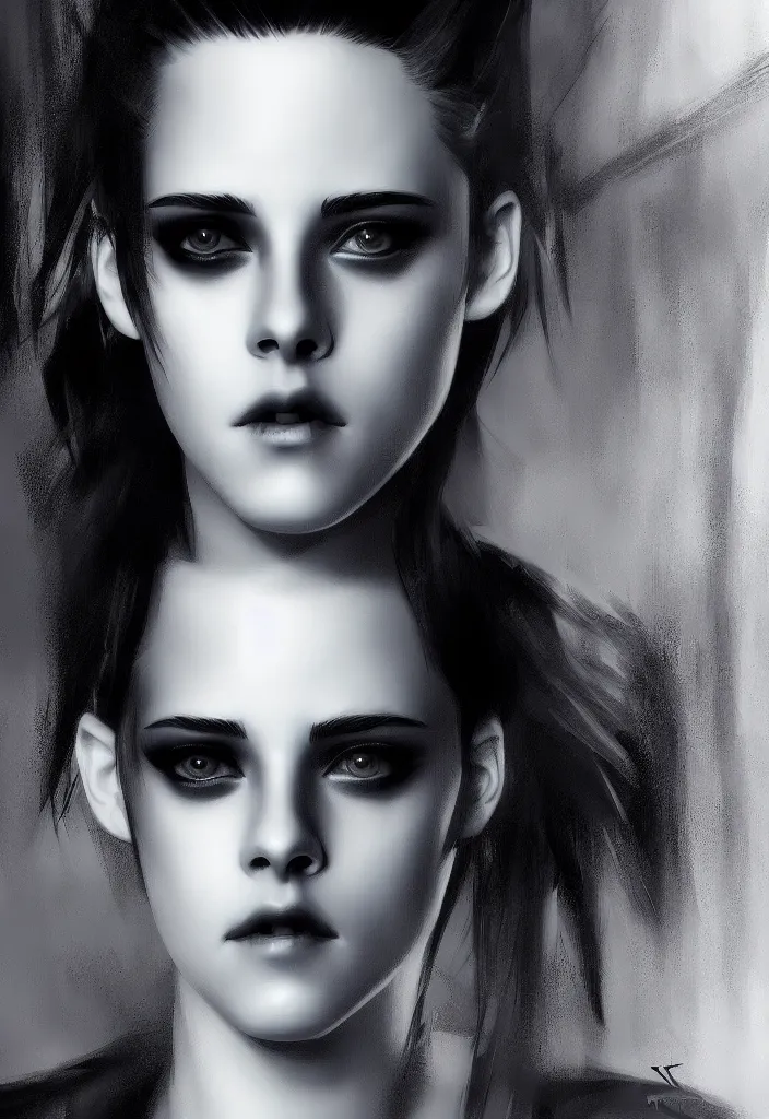 Prompt: portrait cyberpunk Kristen Stewart by Ikeuchi, art by Artgerm, extremely beautiful and proportionate face, sharp focus, hyper detailled, trending on artstation