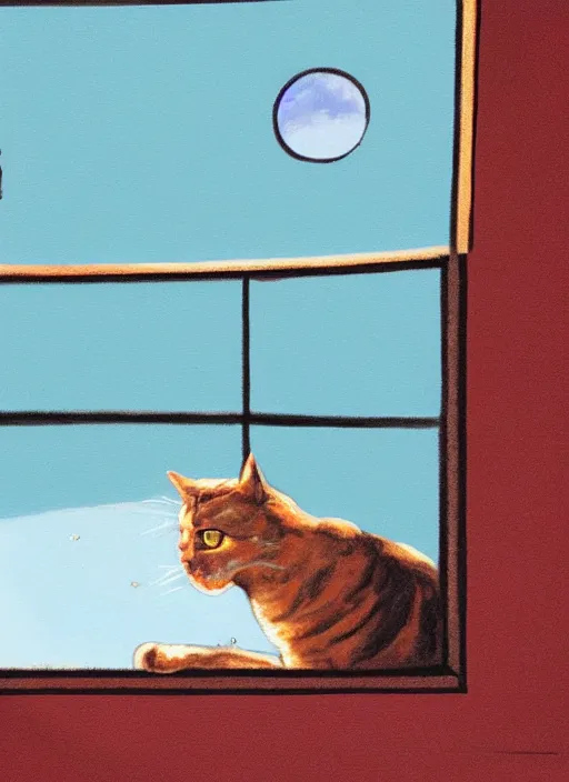 Image similar to cat watching a martian landscape from inside a window, photorealism