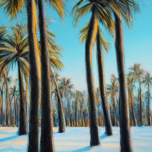 Image similar to winter landscape with large coconut trees, painting oil on board by olaf krans