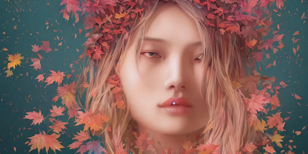 Image similar to breathtaking detailed concept art painting pattern pastel colors of blonde hair faces blend with autumn leaves, by hsiao - ron cheng, bizarre compositions, exquisite detail, 8 k