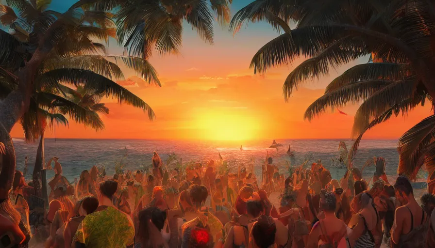 Image similar to A music festival in the heart of a tropical island during a sunset, hyperdetailed, artstation, cgsociety, 8k