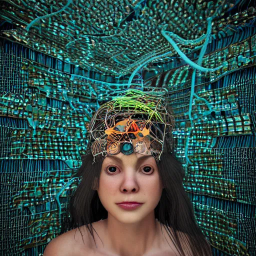 Image similar to swimming deeper into the multiverse, maze of modular synth cables mixed with mangrove roots, kawaii puerto rican goddess chilling out wearing a headpiece made of circuit boards designed by isabel marant, by cameron gray, wlop, stanley kubrick, masamune, hideki anno, jamie hewlett, unique perspective, trending on artstation, 3 d render, vivid