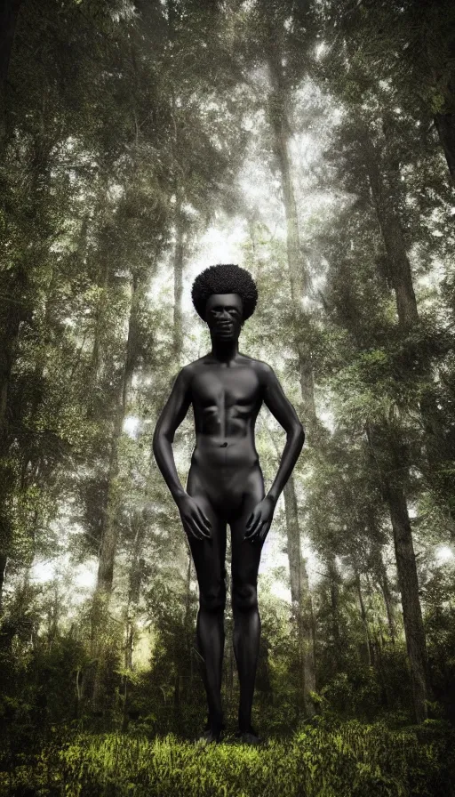 Image similar to hyper realistic 3 d render of a afro future sci - fi ancient black god on the middle of a forest