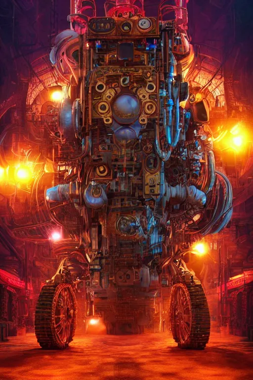 Image similar to a movieposter, moviename is tripmachine, photo of a huge futuristic steampunk generator inside a steampunk machinery, 8 k, fluorescent colors, halluzinogenic, multicolored, exaggerated detailed, 3 d render, octane