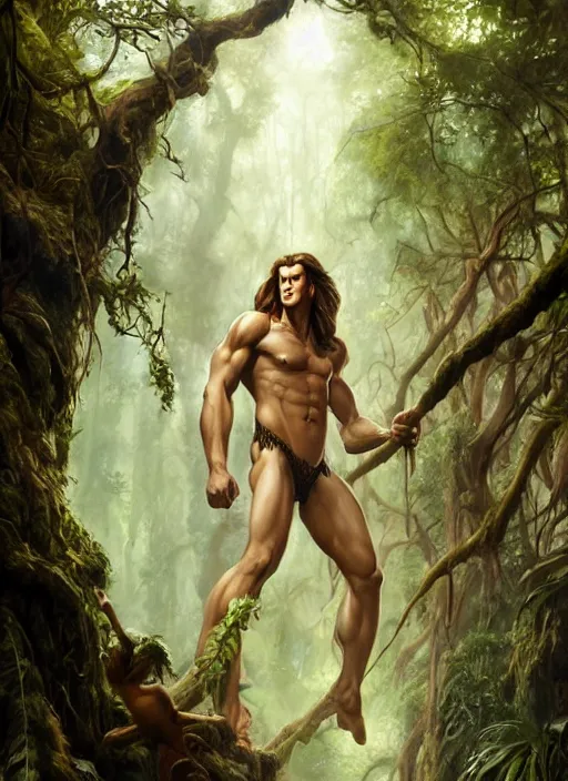 Image similar to A beautiful digital painting of tarzan in the mirkwood forrest looking at the camera by Stanley Artgerm Lau, frank frazetta, Rossdraws, James Jean, gerald brom, Andrei Riabovitchev, Marc Simonetti, and Sakimichan, trending on artstation