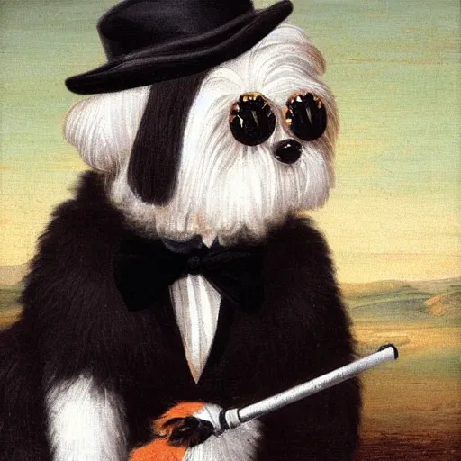 Image similar to A coton de tulear dog with black fur dressed up as a dapper english gentleman wearing a monocle and holding a pipe, renaissance oil painting, highly detailed