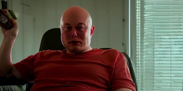 Image similar to sad bald poor elon musk drinking a can of beer in the couch while watching tv in a dirty house, very realistic photograph, cinematic lighting, dardenne brothers, trailer park boys