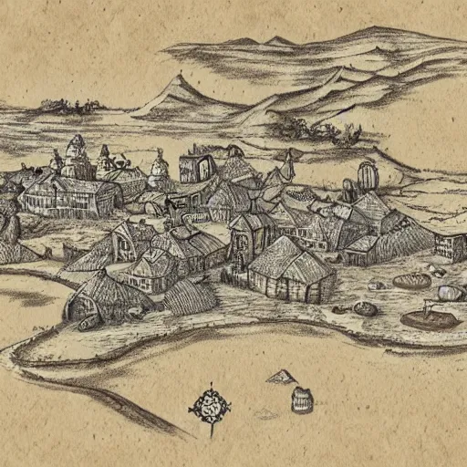 Image similar to “ hand drawn map of a fantasy town on papyrus, traditional art, realistic, ultra detailed, gerard mercator, 4 k uhd, unreal engine 5, photoshop ”