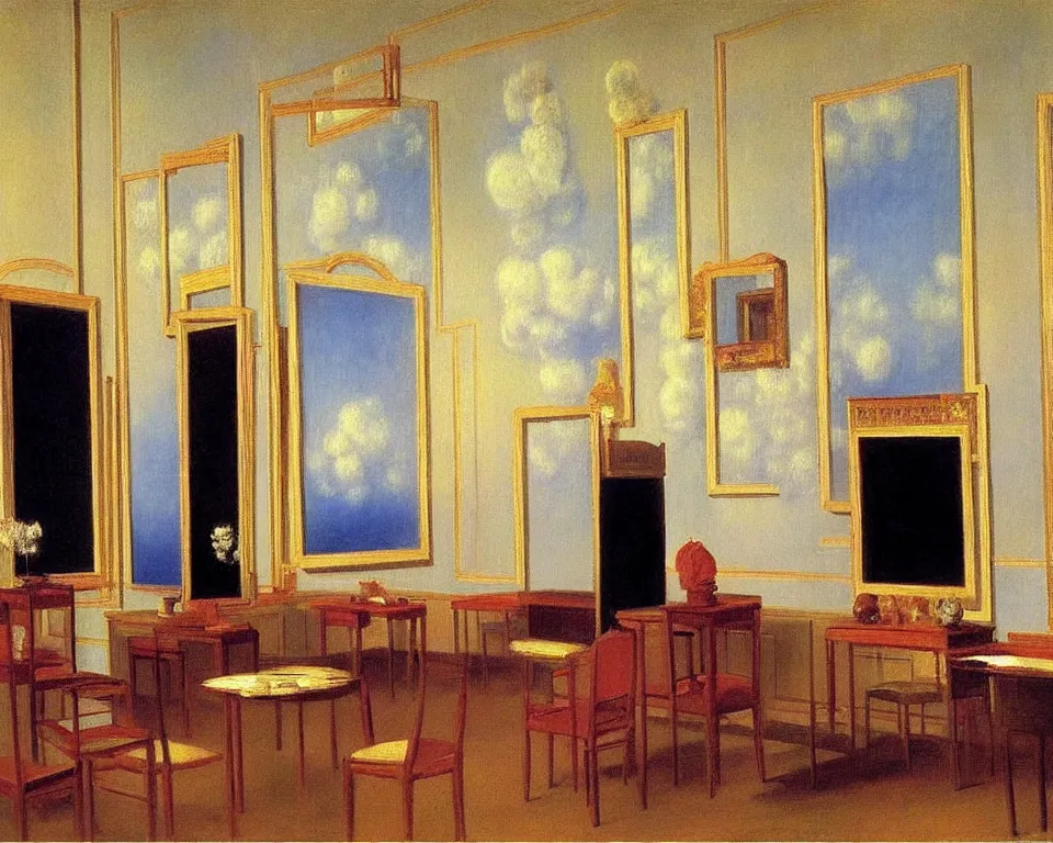 Image similar to achingly beautiful painting of a sophisticated, well - decorated, modern salon by rene magritte, monet, and turner.