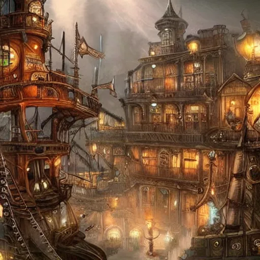 Prompt: Steampunk City places i wish were real pirate fashion nekclace clothing gothic fantasy artwork concept art landscape pretty plac village. Extremely Detailed.