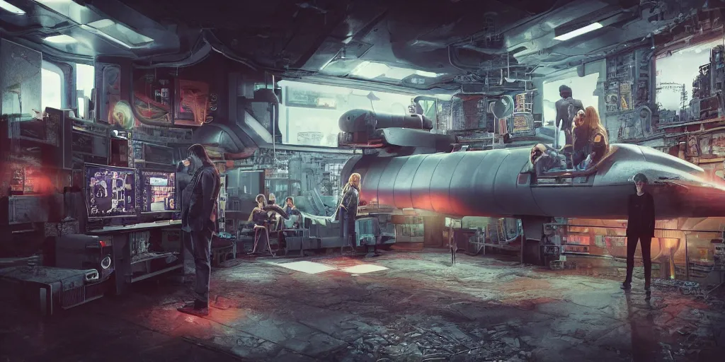 Prompt: photograph of a cyberpunk submarine interior set with a child standing next to lifeless adults. cinematic lighting, color contrast, arri alexa, anamorphic bokeh, professional lighting, 4 k, photographed by erik johansson, graded with davinci resolve