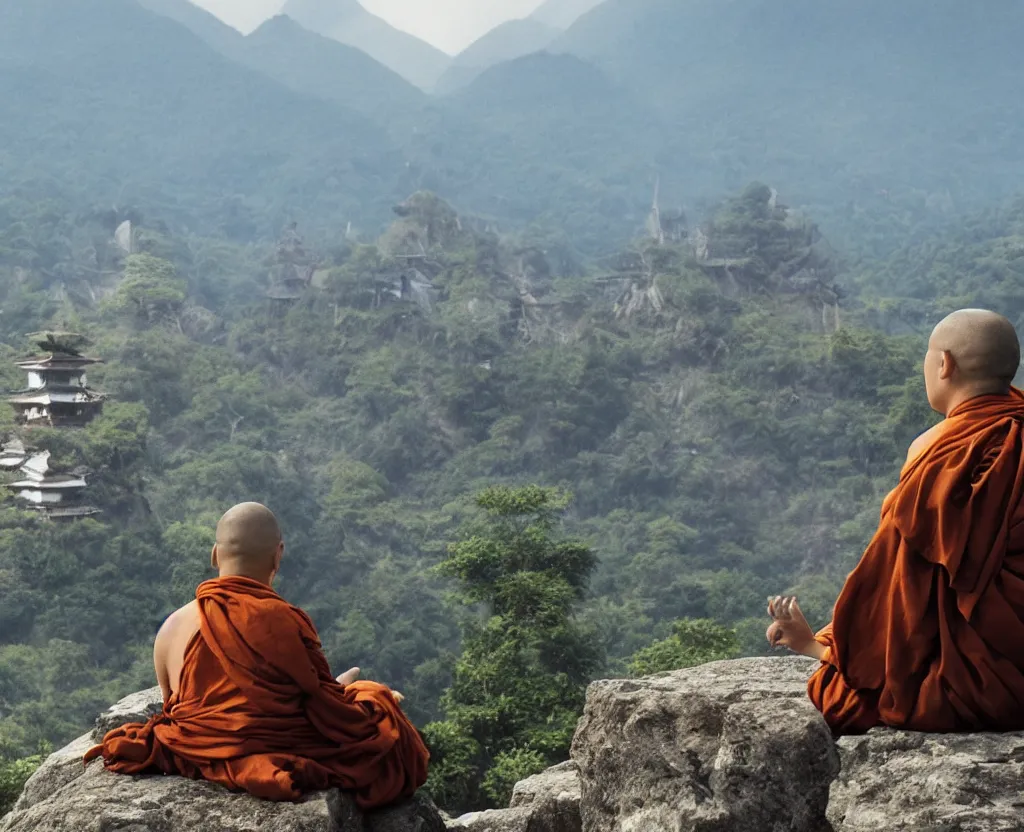 Image similar to a monk is meditating calmly on a beautiful mountain, in the foreground there is godzilla attacking a small village