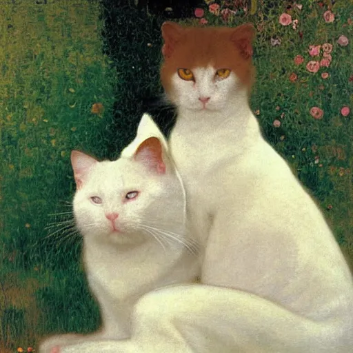 Image similar to portrait of a white cat with a black spot on its head, intricate, elegant, highly detailed, smooth, sharp focus, illustration, art by gustav klimt - adolphe bouguereau