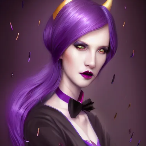 Prompt: beautiful tall secretary with purple hair, a horn on her head, a purple tuxedo, purple eyes, award winning photography, cinematic, digital painting, cinematic, wlop, 8 k, by ross tran, tom bagshaw