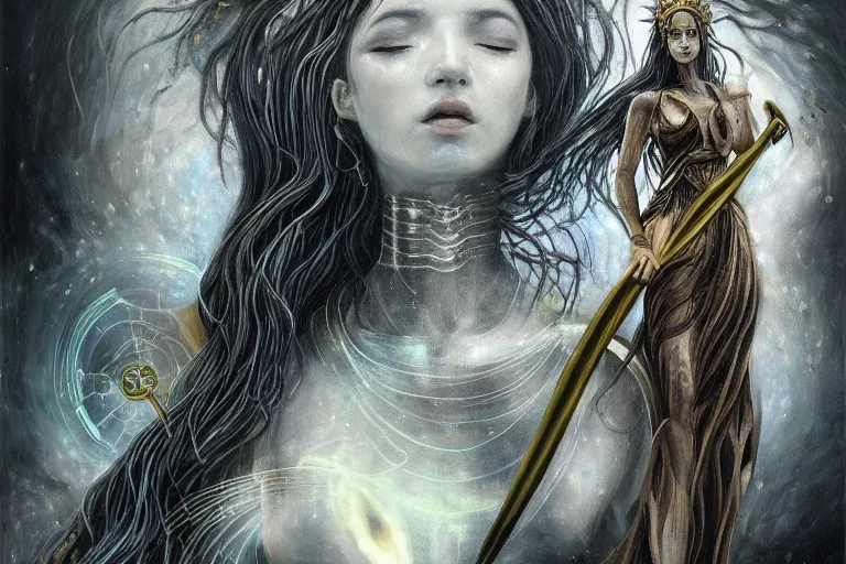 Prompt: Goddess of life itself with a scythe, dark Goddess of artificial intelligence creating an artificial neural network with synapses on an anvil with his scythe, high resolution, award winning art, trending on art station, sharp image, incredibly detailed, detailed character, realistic painting, hyper-realistic painting, coherent painting, master piece by Kyozu Aroyama