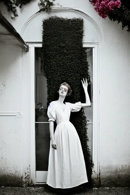 Image similar to a beautiful portrait photography of a female in beautiful dress standing by the white door ， by monia merlo, full body, fashion, romanticism, flowers, modern. model.