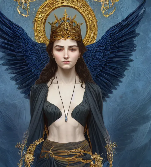 Prompt: god of death, young man, in the underworld, elegant dark blue dress, very detailed, throne, very intricate details, jewelry, gold line tattoos, elaborate long hairstyle, wings, cinematic, artstation, william bouguereau, alphonse mucha, greg rutkowski, rossdraws, octane render