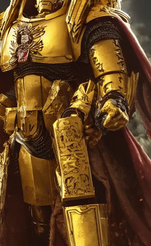 Prompt: angry Henry Cavill as warhammer 40k God-Emperor of Mankind dressed in his glowing golden power armor with no helmet. full-length portrait, beautiful face, long hair, painted by Donato Giancarlo, intricate fine armor rune details, cinematic, highly detailed, octane render