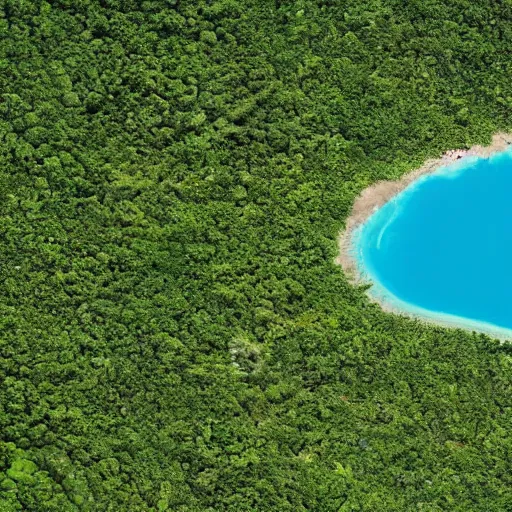 Image similar to satellite view of a large island covered in many lush, green, trees, with a few mountains, surrounded by beach fronts and shallow blue water, award winning satellite photography